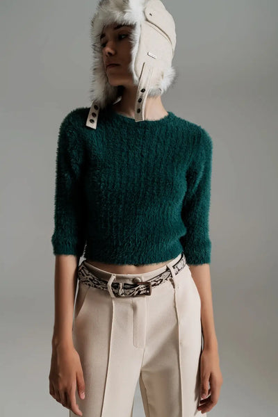 Dark green fluffy knit sweater with 3/4 sleeves - Sweaters