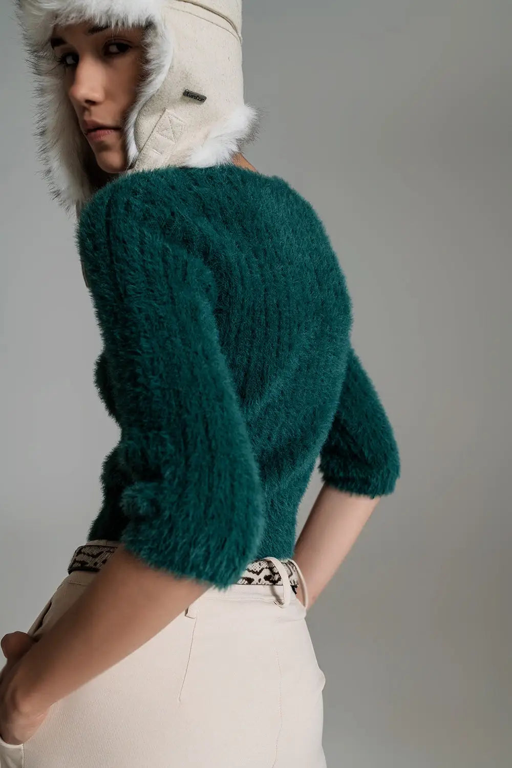 Dark green fluffy knit sweater with 3/4 sleeves - Sweaters