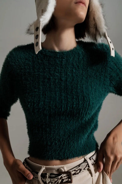 Dark green fluffy knit sweater with 3/4 sleeves - Sweaters