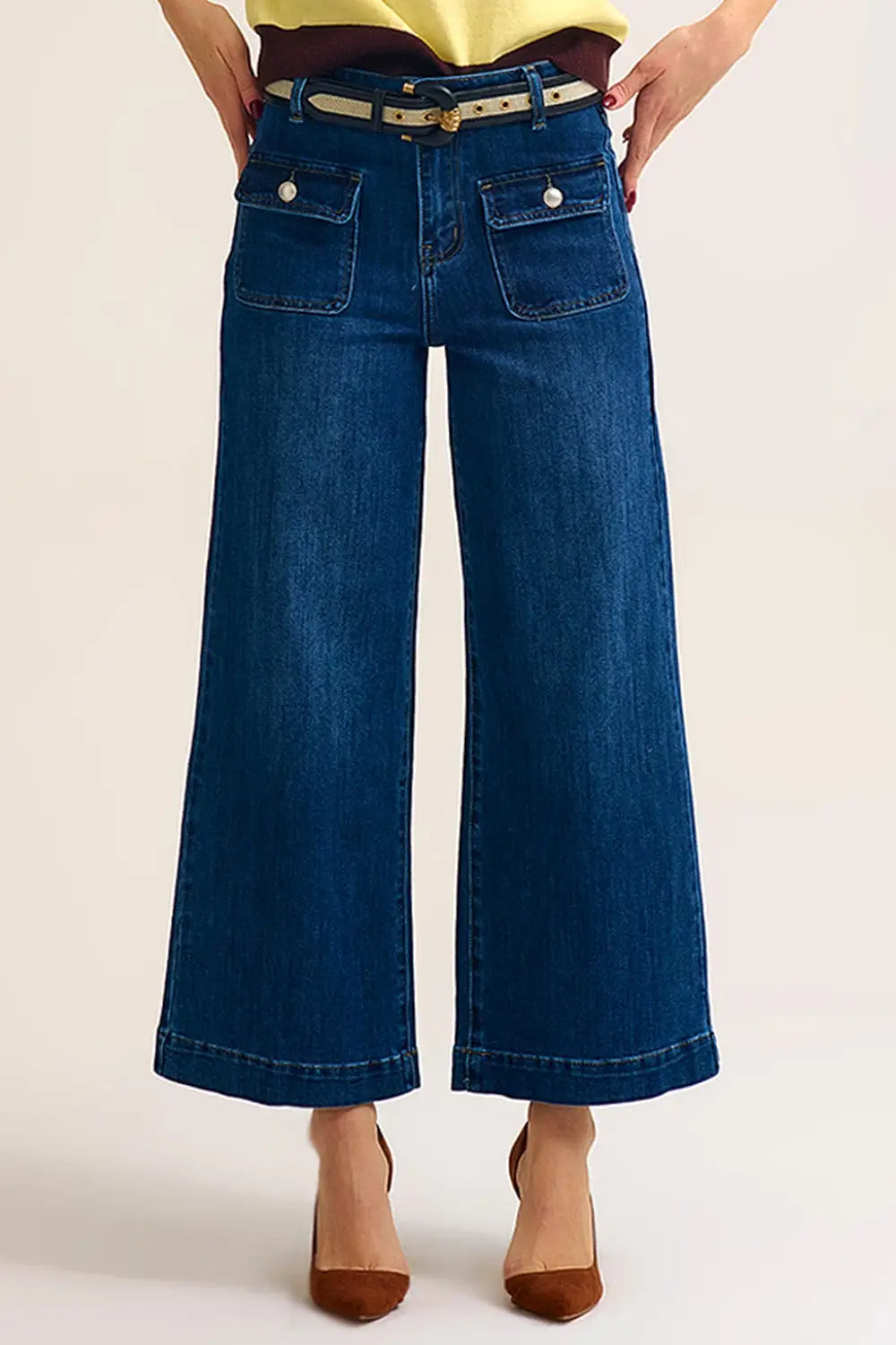 Q2 dark wash Blue Wide-Leg Denim Jeans with Button Detail