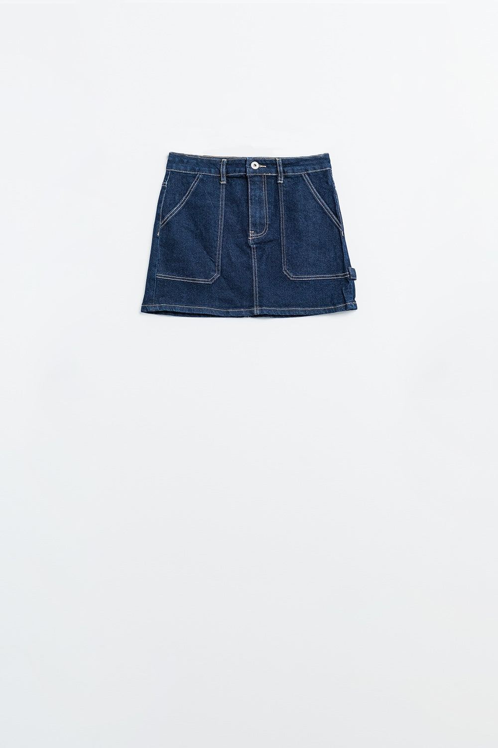 Dark wash denim mini skirt with front pockets