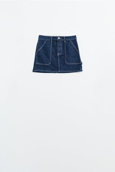 Dark wash denim mini skirt with front pockets