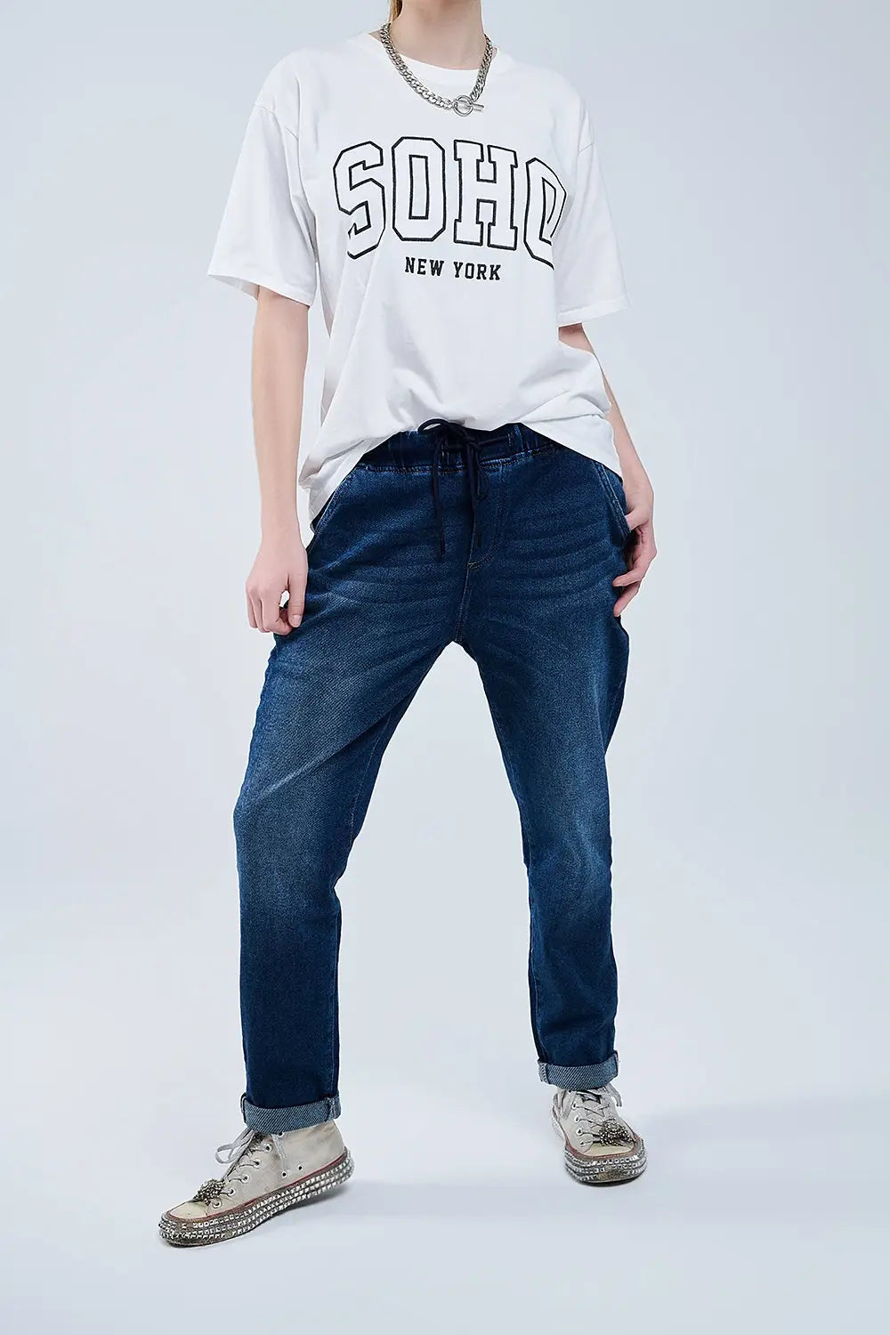 Q2 dark wash Jeans Avec Drwastring et taille élastiquée
