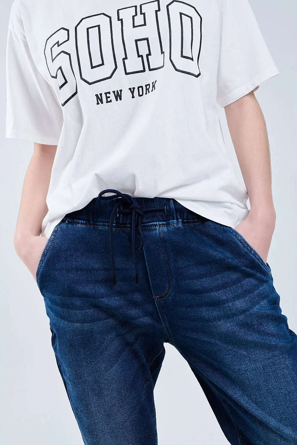 dark wash Jeans With Drwastring and Elastic Waist - Jeans