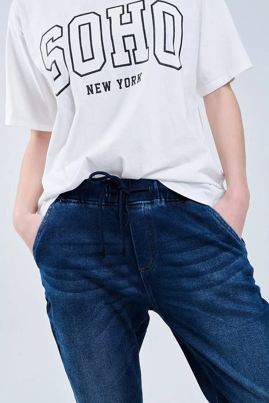 dark wash Jeans With Drwastring and Elastic Waist - Jeans