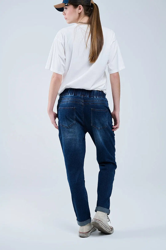 dark wash Jeans With Drwastring and Elastic Waist - Jeans