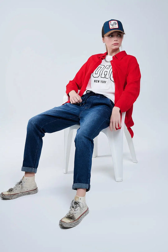 dark wash Jeans With Drwastring and Elastic Waist - Jeans