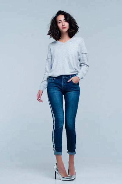 Dark Wash Jeans with Silver Shiny Side Stripe - Jeans