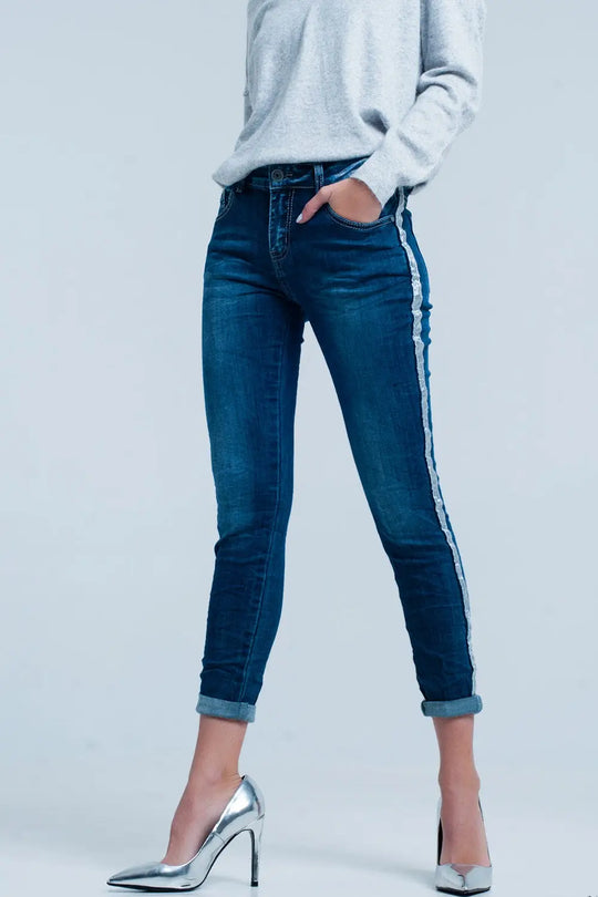 Dark Wash Jeans with Silver Shiny Side Stripe - Jeans