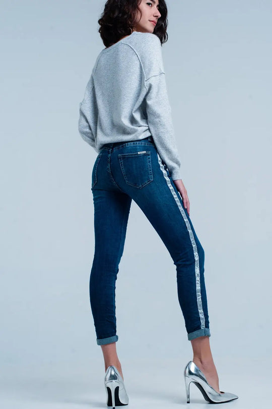 Dark Wash Jeans with Silver Shiny Side Stripe - Jeans
