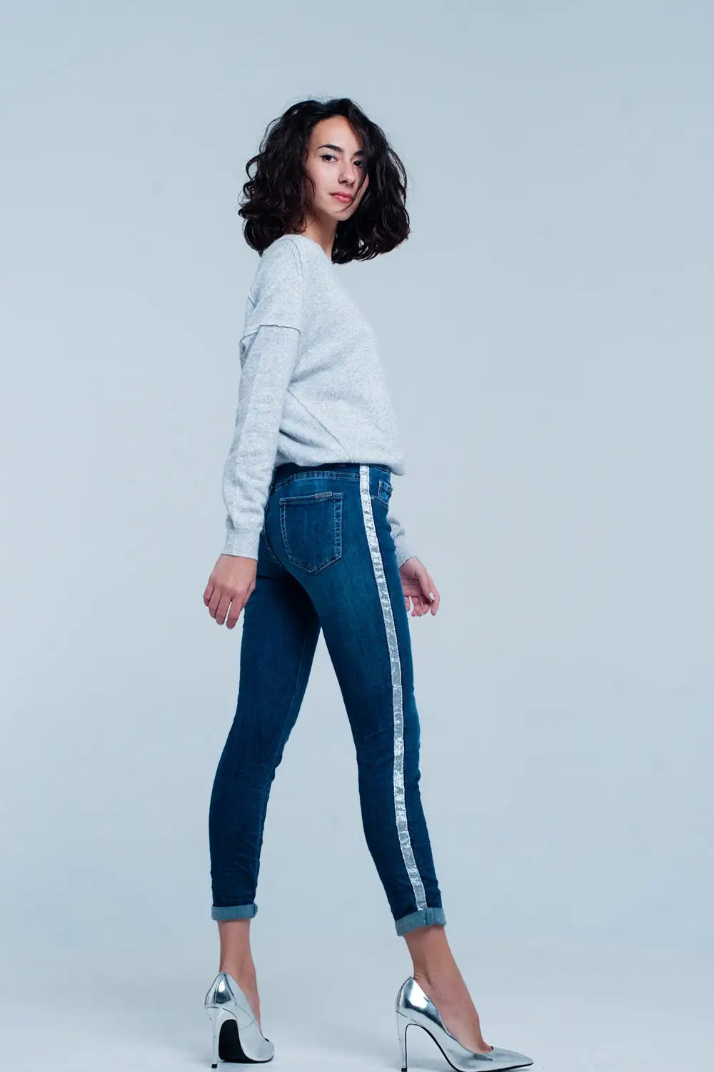Dark Wash Jeans with Silver Shiny Side Stripe - Jeans