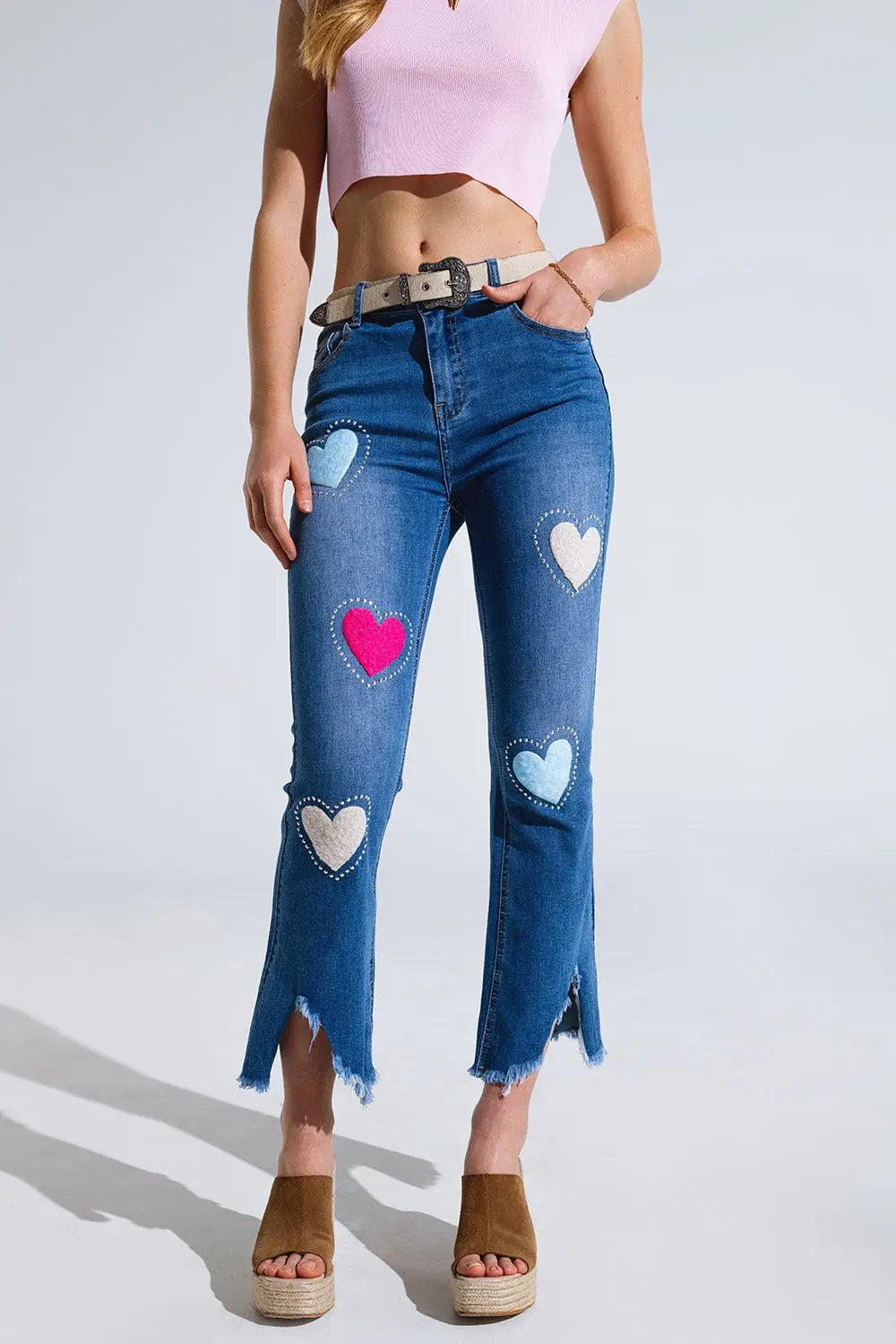 Dark Wash Skinny Jeans With Hearts Surrounded With Studds - Jeans