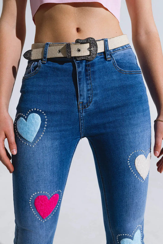 Dark Wash Skinny Jeans With Hearts Surrounded With Studds - Jeans