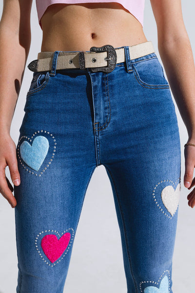 Dark Wash Skinny Jeans With Hearts Surrounded With Studds