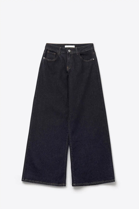 Dark Wash Wide Leg Jeans With Contrasting Stitching - Jeans