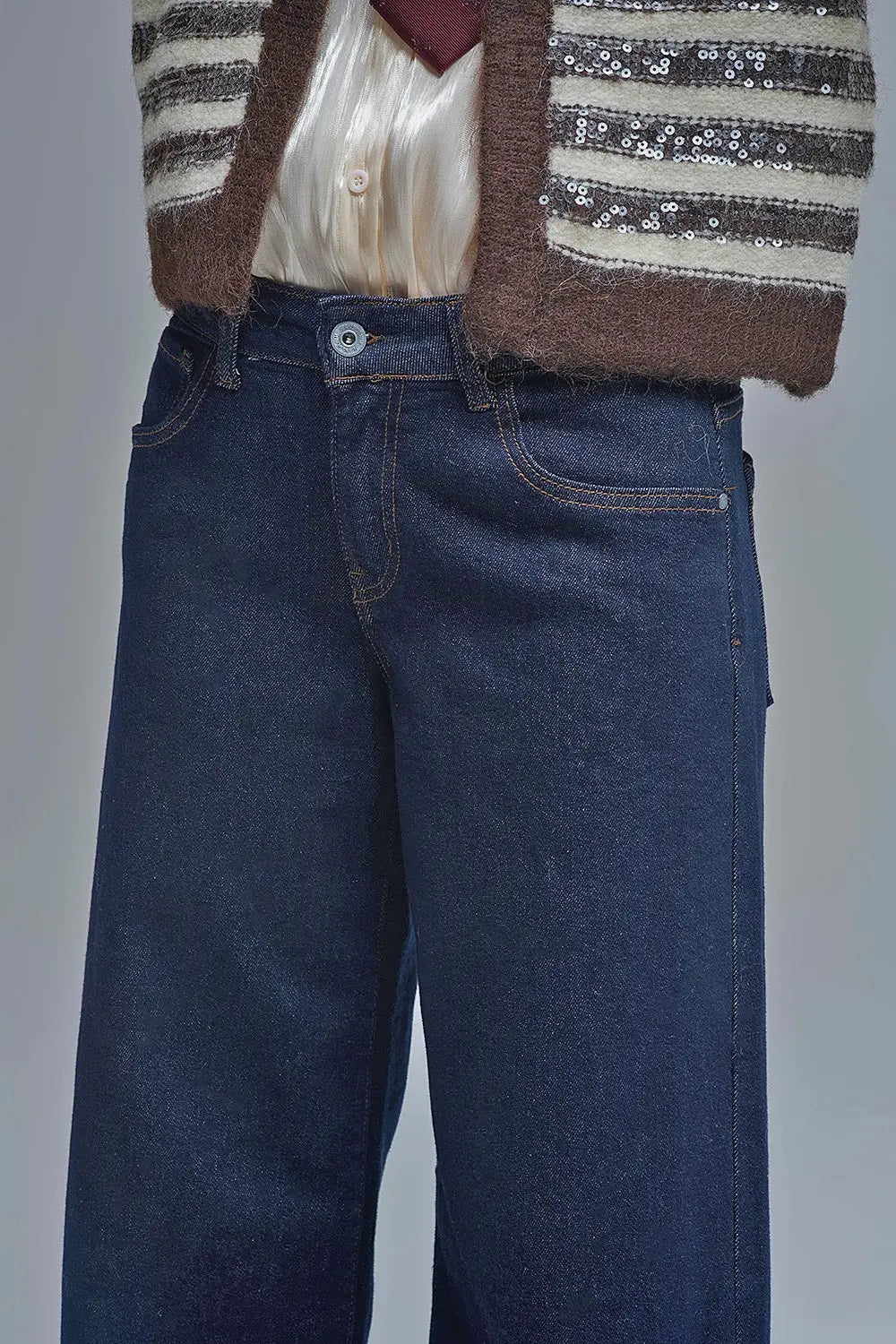 Dark Wash Wide Leg Jeans With Contrasting Stitching - Jeans