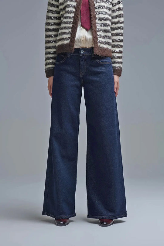 Q2 Dark Wash Wide Leg Jeans With Contrasting Stitching