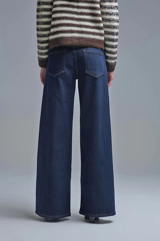 Dark Wash Wide Leg Jeans With Contrasting Stitching - Jeans