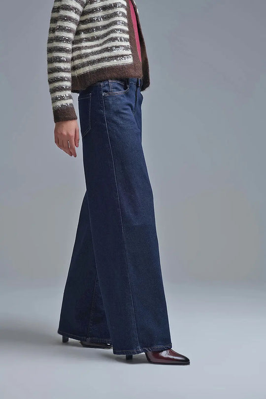 Dark Wash Wide Leg Jeans With Contrasting Stitching - Jeans
