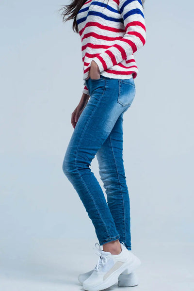 Dark Wash Wrinkled Skinny Jeans - Jeans