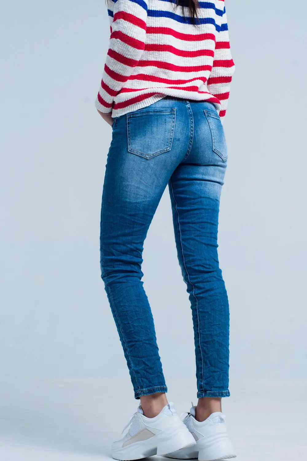 Dark Wash Wrinkled Skinny Jeans - Jeans