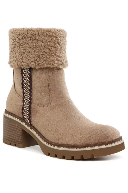 Woolly Faux Fur & Embroidery Detail Boots - Beige / US-5 / UK-3 / EU-36 - Shoes