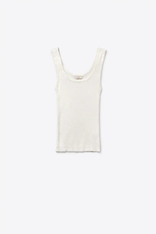 Q2 Débardeur blanc en tricot côtelé avec détails floraux