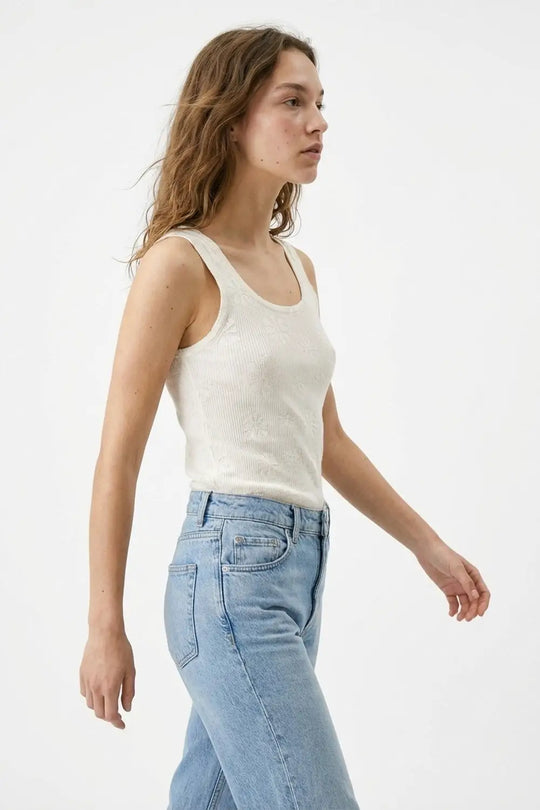 Débardeur blanc en tricot côtelé avec détails floraux - One Size / blanc