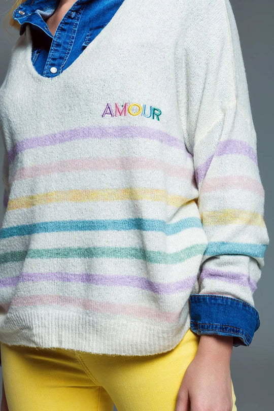 Deep V neck Line Sweater With Stripes in Pastel Colors and Amour Embroidered - One Size / White - Sweaters