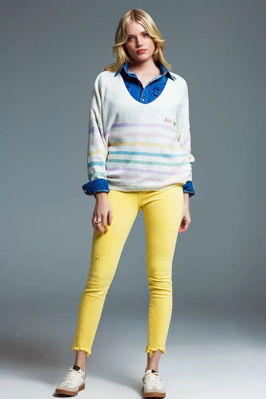 Deep V neck Line Sweater With Stripes in Pastel Colors and Amour Embroidered - One Size / White - Sweaters