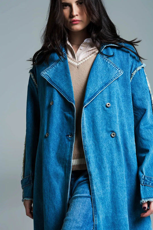 Demin trench coat with belt and raw edges in mid wash - Coats and Jackets