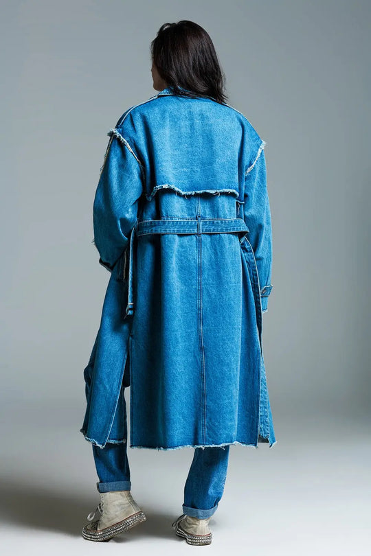 Demin trench coat with belt and raw edges in mid wash - Coats and Jackets