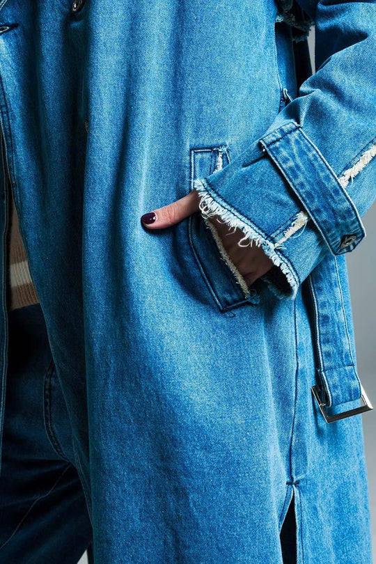 Demin trench coat with belt and raw edges in mid wash - Coats and Jackets