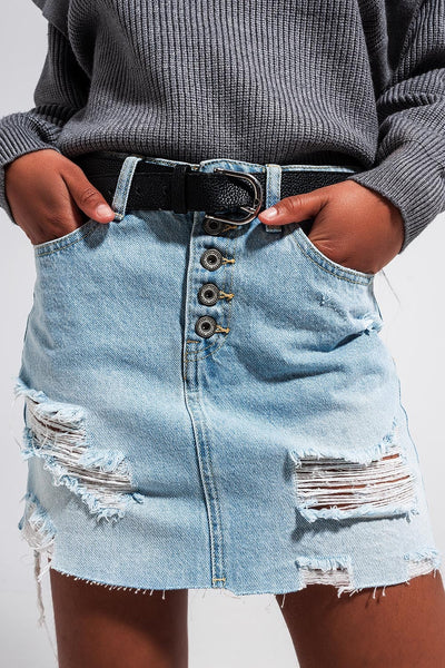 Denim button through mini skirt in light blue