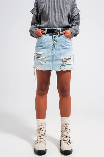 Q2 Denim button through mini skirt in light blue