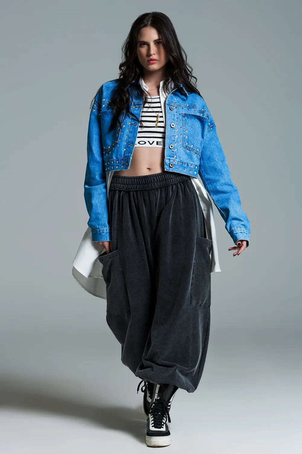 Denim cropped jacket in blue with studs and chest pockets - Coats and Jackets