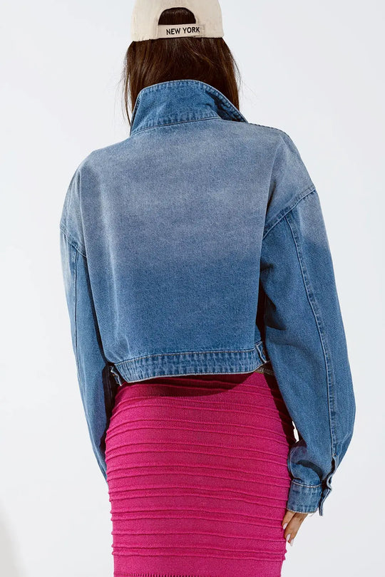 Denim Cropped Jacket WIth Flower Details - Coats and Jackets