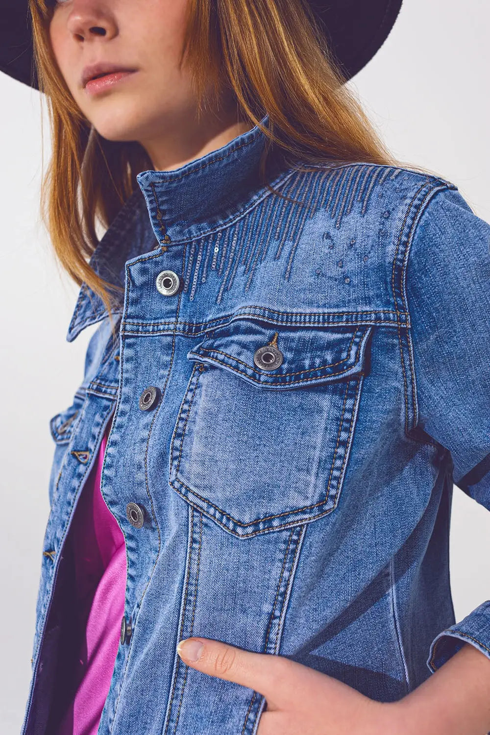 Denim jacket in light blue wash with sequin detail - Coats and Jackets
