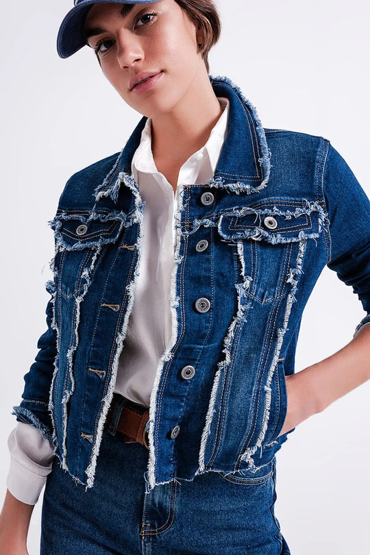 Denim jacket with frayed design and unfinished hem - Coats and Jackets