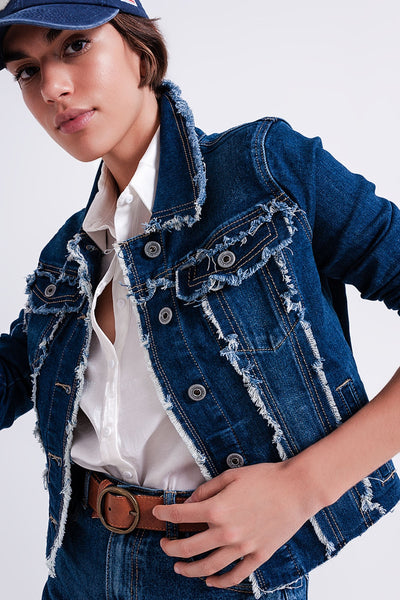 Denim jacket with frayed design and unfinished hem