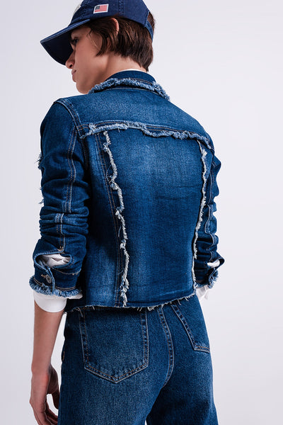 Denim jacket with frayed design and unfinished hem