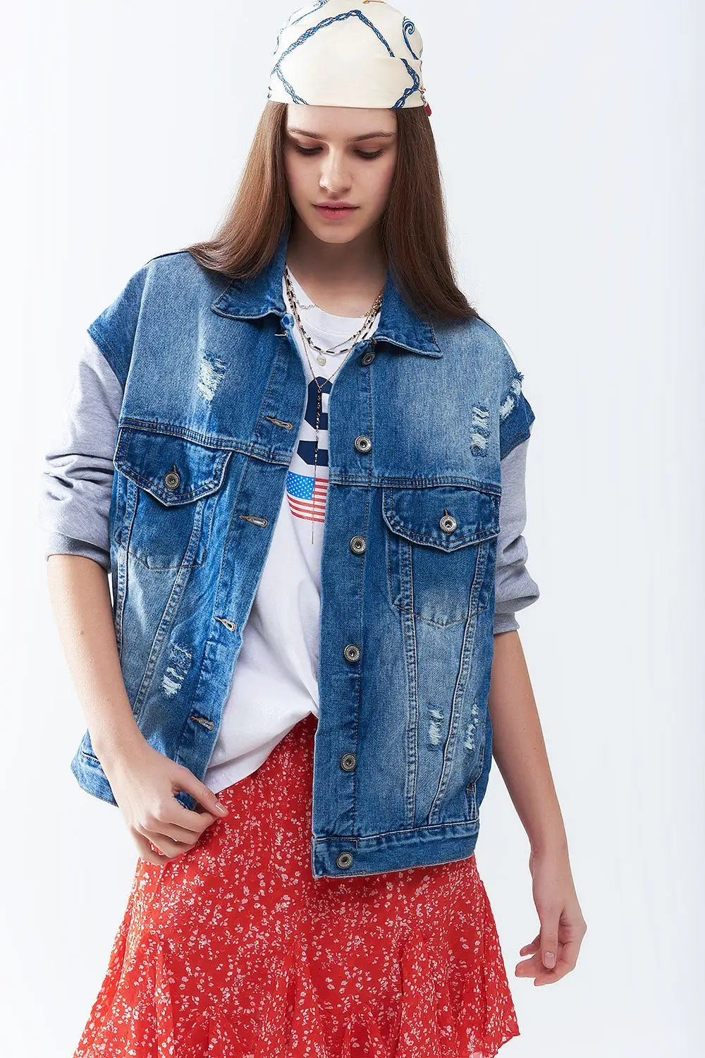 Denim Jacket with Jogging Fabric Sleeves - Coats and Jackets