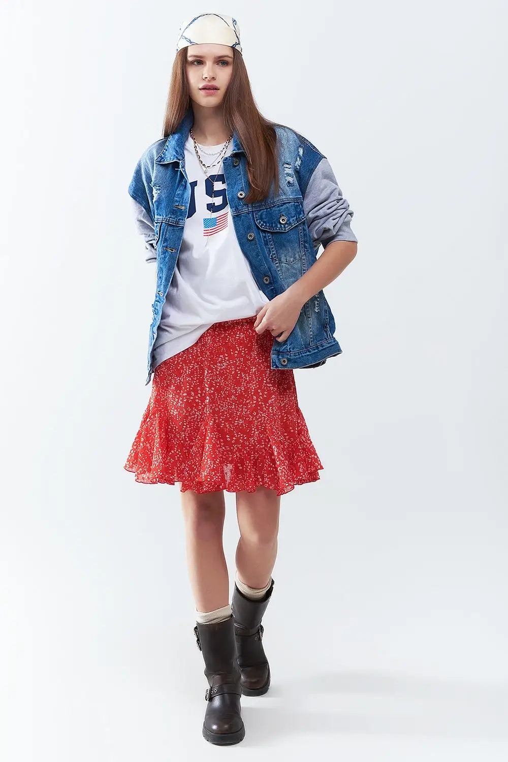 Denim Jacket with Jogging Fabric Sleeves - Coats and Jackets