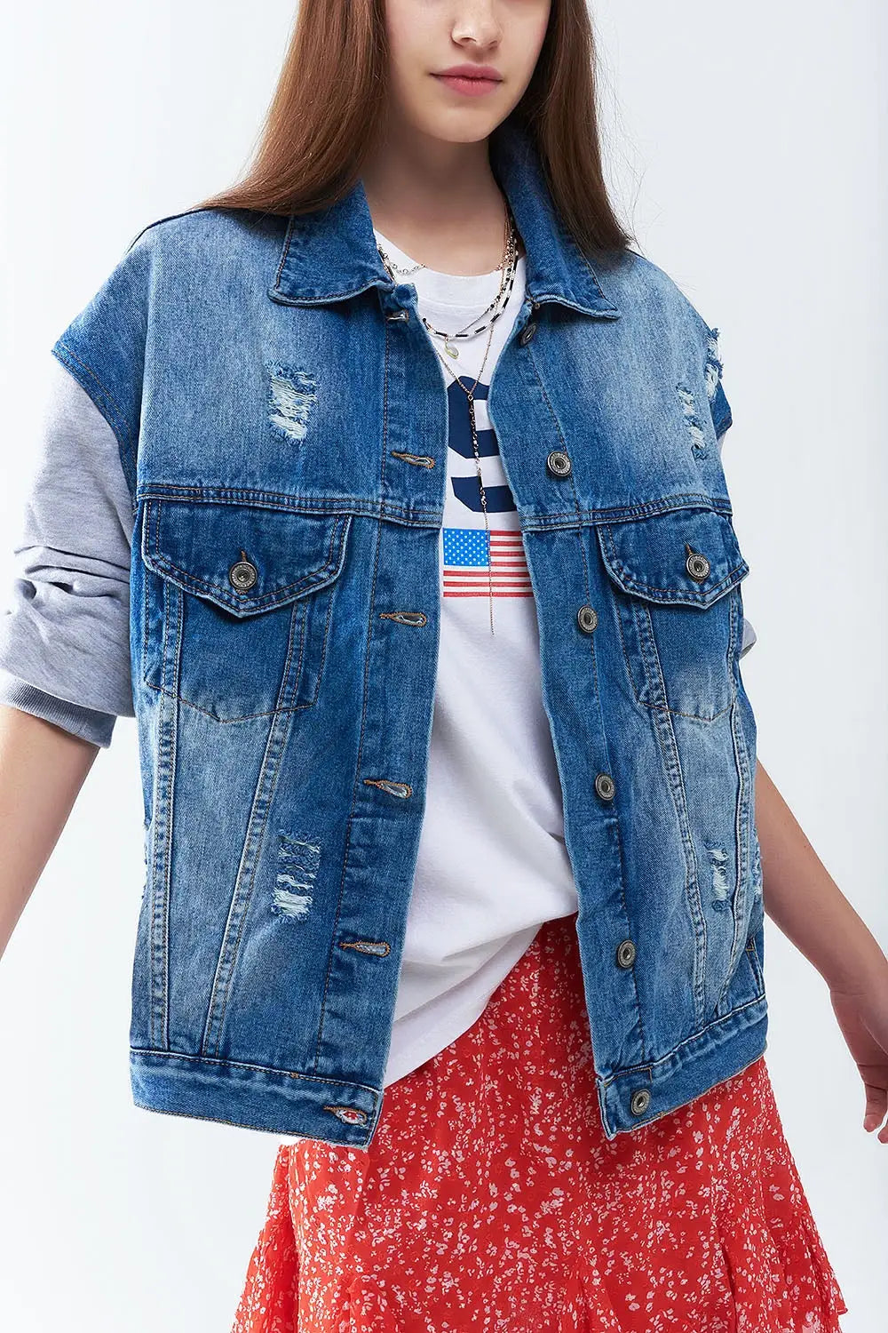 Denim Jacket with Jogging Fabric Sleeves - Coats and Jackets