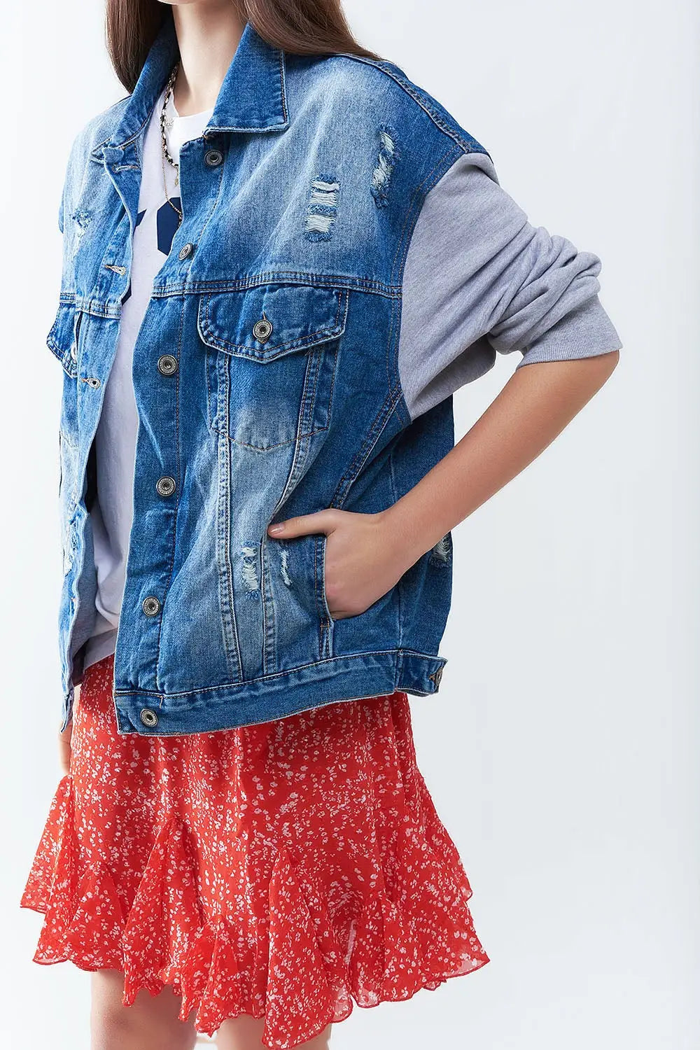 Denim Jacket with Jogging Fabric Sleeves - Coats and Jackets