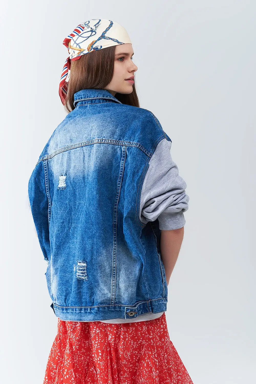 Denim Jacket with Jogging Fabric Sleeves - Coats and Jackets
