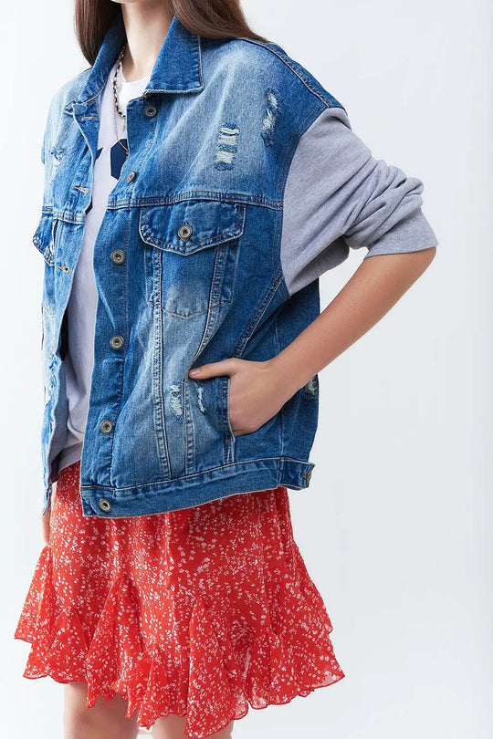 Denim Jacket with Jogging Fabric Sleeves - Coats and Jackets