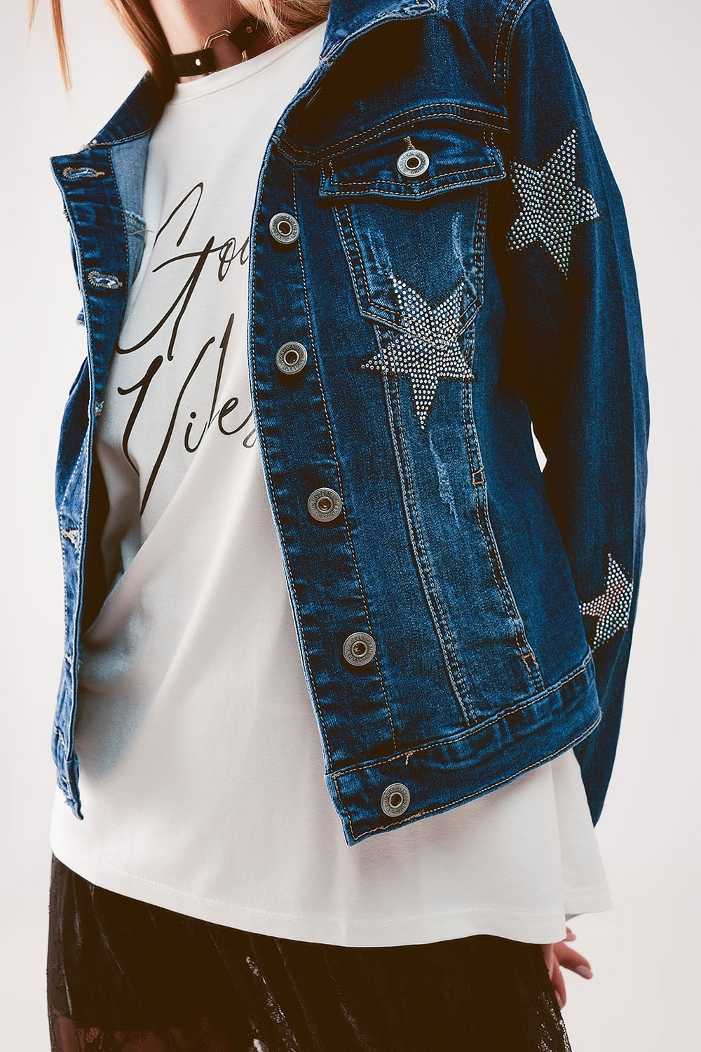 Denim jacket with star embellishment in midwash