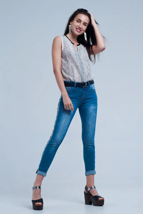 Denim jeans with crinkled legs and side stripe - Jeans