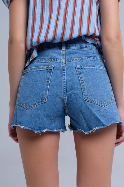 Denim mid wash blue short with floral design